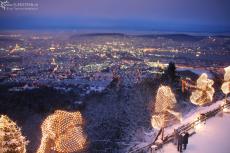 Christmas decoration with Zurich during dawn seen from Uetliberg, Switzerland